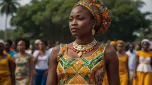 Défilé de mode à Abidjan présentant les tendances de la mode ivoirienne 2024, incluant des vêtements traditionnels et modernes.