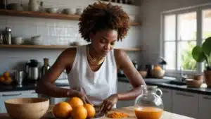 Cuisine moderne ivoirienne avec des gadgets innovants pour préparer des plats traditionnels facilement.